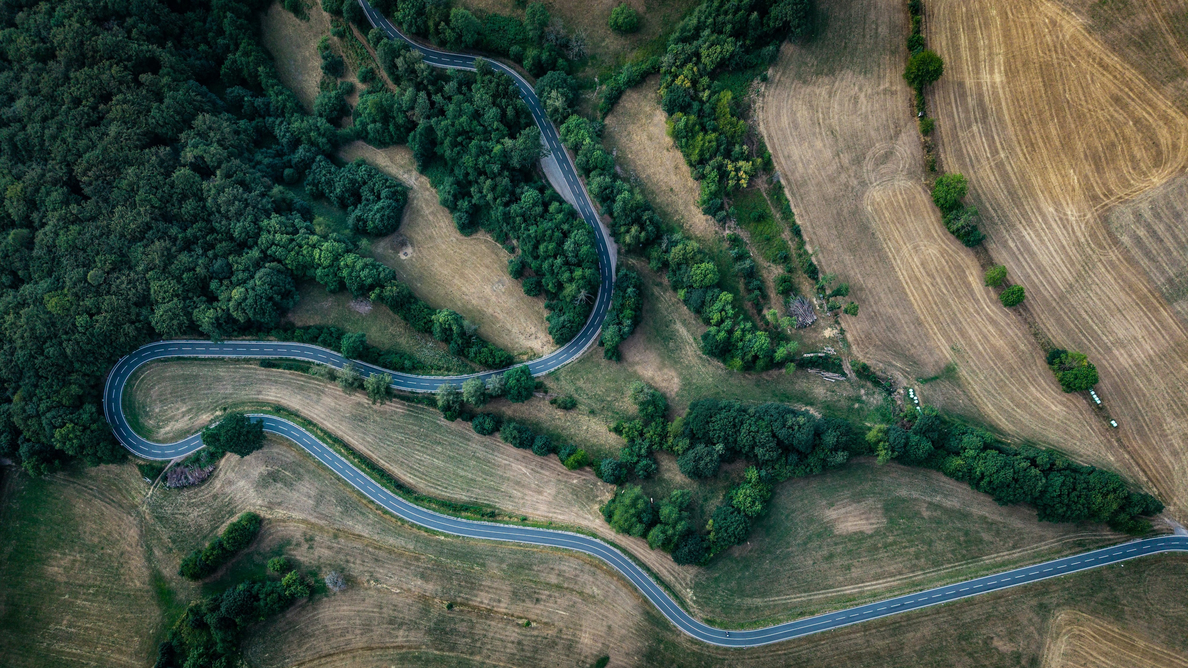 Vue aérienne d'une route sinueuse entre forêt et parcelles agricoles